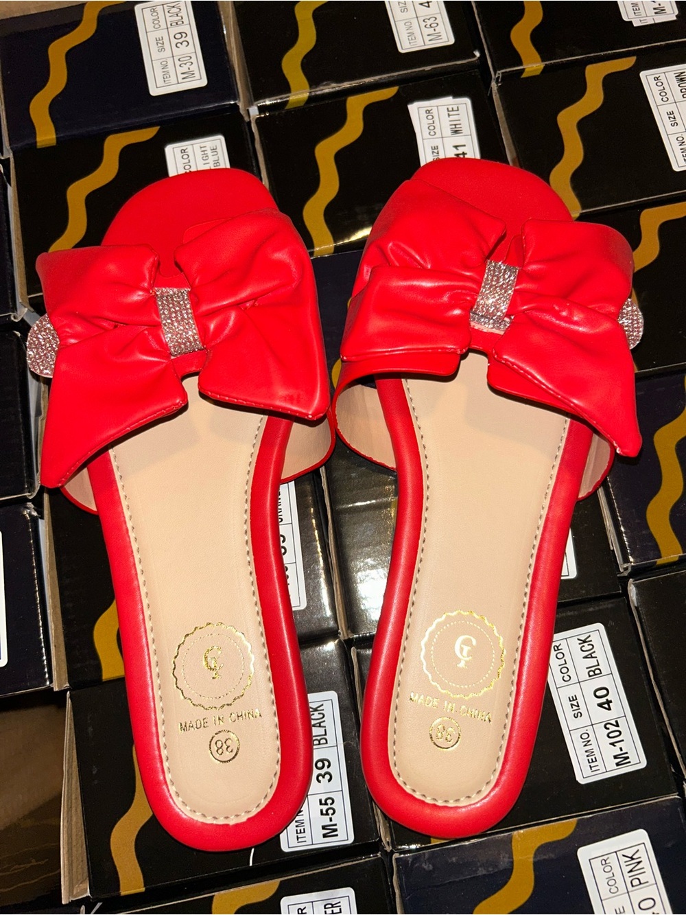 Red Bow Slip-On Mules with Sparkle Accent